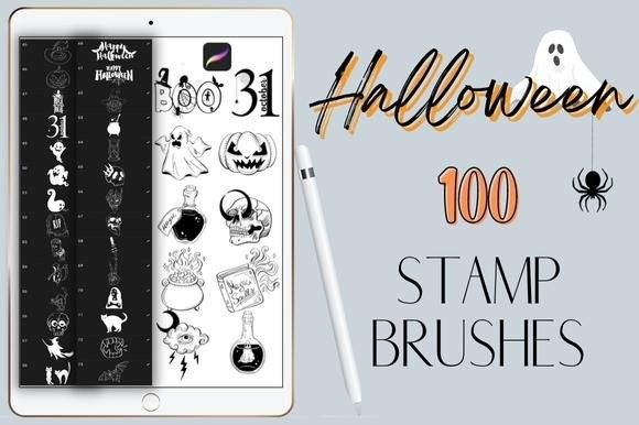 Procreate Halloween Stamp Brushes Set: 100 Hand-Drawn Assets